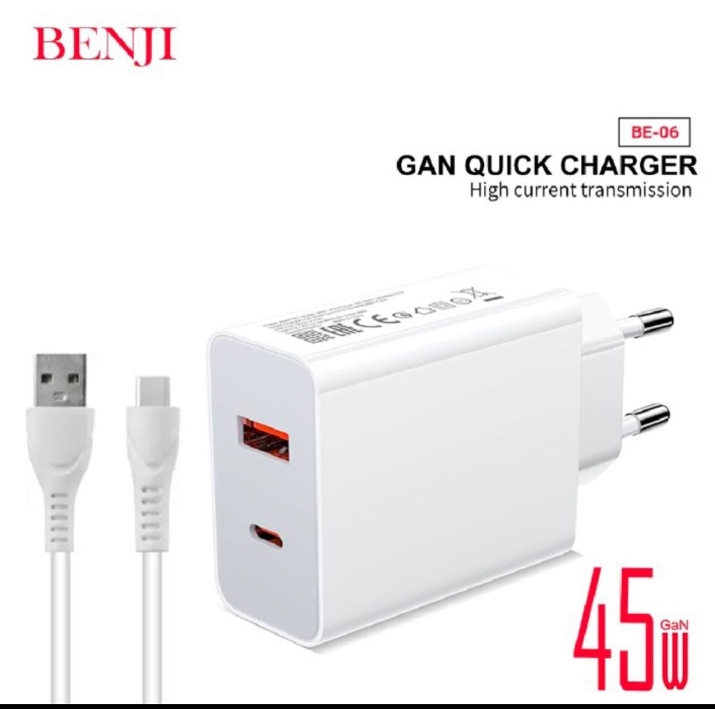 Fast Charging Block 3.0 fast charging technology Product material PC Input 100V-240V 5060HZ USB Port 1, Type C Port 2 , Cable Type C, 65W BE07