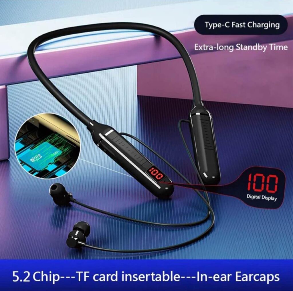 Neckband, Bluetooth Headphones with Digital Display in Ear, Wireless Earphones with Microphone Game Mode USB-C Fast Charging, for Workout Running Sport Work , with SD card port, CNB 06