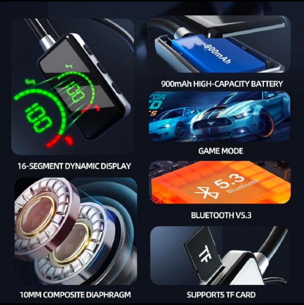 Neckband Bluetooth Headphones with Digital Display in Ear Wireless Earphones with Microphone Game Mode USB-C Fast Charging, for Workout Running Sport Work - CNB 05